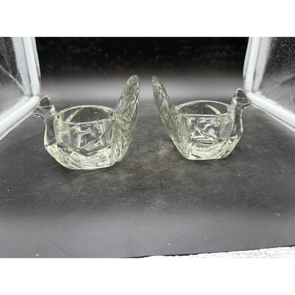 Vintage Avon Clear Glass Turkey Salt Cellars Votive Holders Pair Thanksgiving